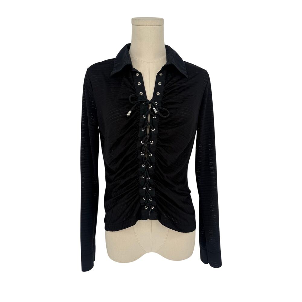 1990s Vintage Rampage Black Lace Front Long Sleeve Collared Shirt, Size L
